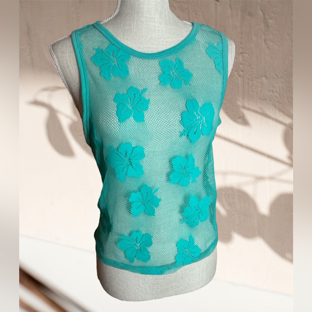 🆕Turquoise Hibiscus Mesh Bathing suit Coverup Tank Top Sz Xl NWT 🏝️🏖️